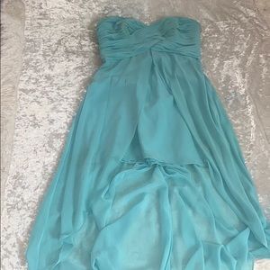 Teal David’s bridal high low dress
